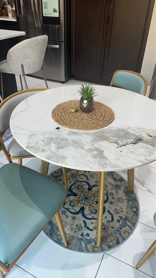 Round Faux Marble Dining Table with Gold Legs plus 4 chairs - photo 2