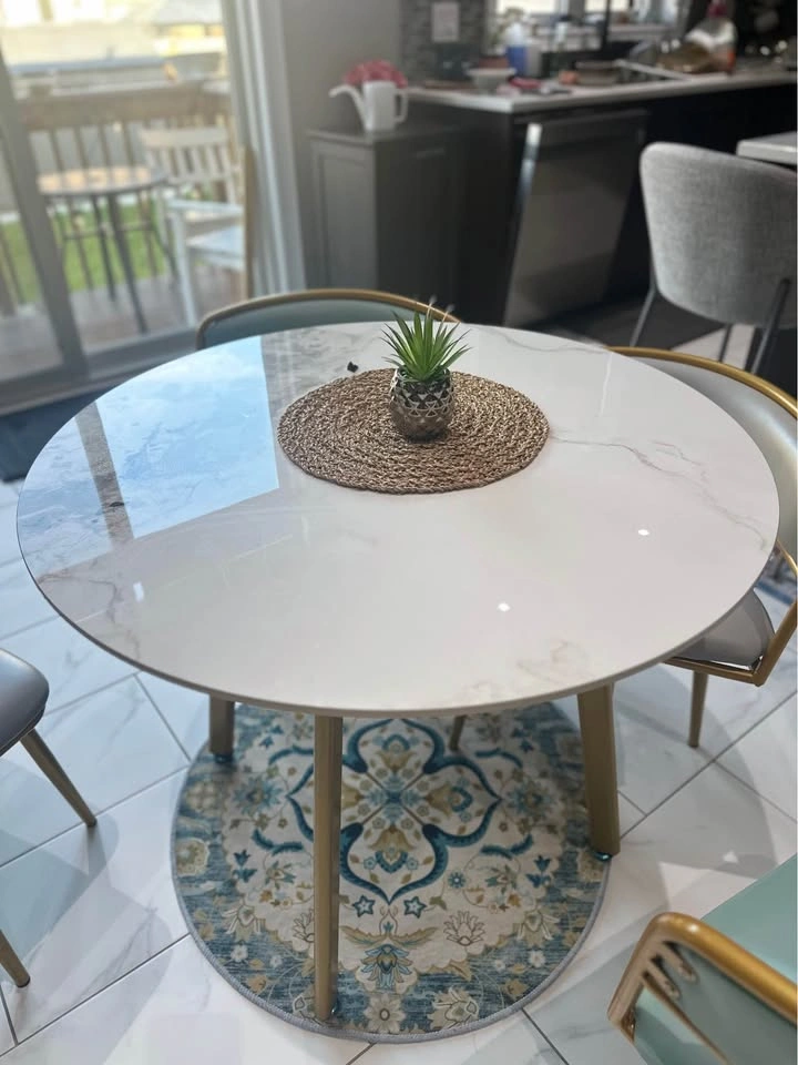 Round Faux Marble Dining Table with Gold Legs plus 4 chairs - photo 3