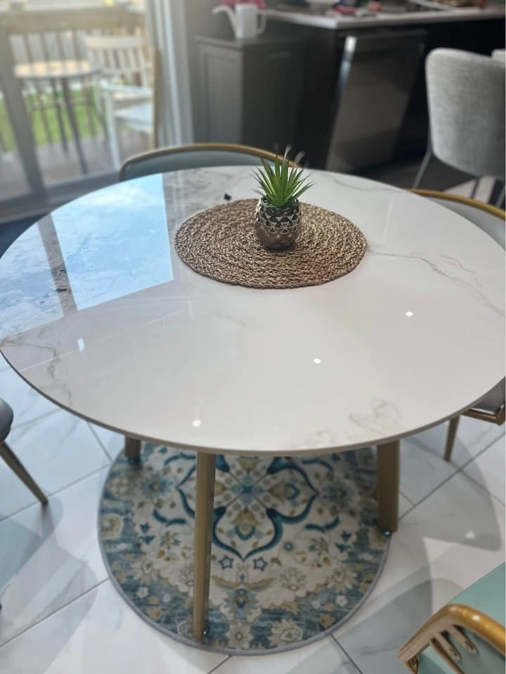 Round Faux Marble Dining Table with Gold Legs plus 4 chairs - photo 4
