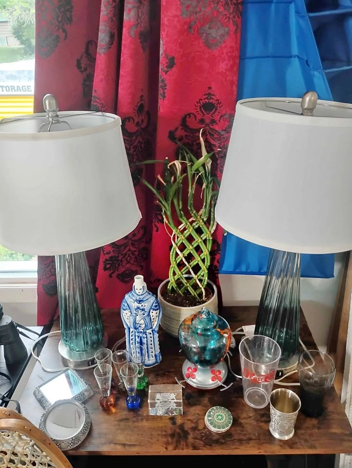 Pair of Modern Teal Ribbed Glass Table Lamps with USB Ports