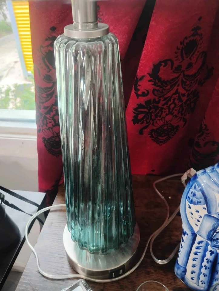 Pair of Modern Teal Ribbed Glass Table Lamps with USB Ports - photo 2