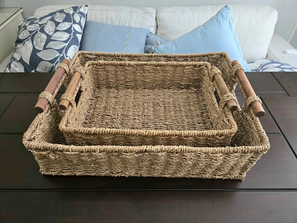 Set of 2 Woven Trays with Wooden Handles