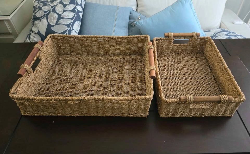 Set of 2 Woven Trays with Wooden Handles - photo 3