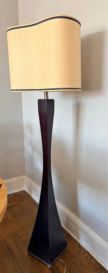 Pair of deco style dark wood floor lamps with custom shades