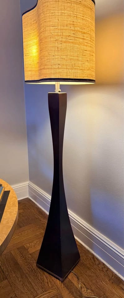 Pair of deco style dark wood floor lamps with custom shades - photo 2