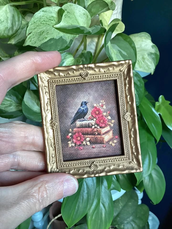 Miniature Artwork Crow with Books