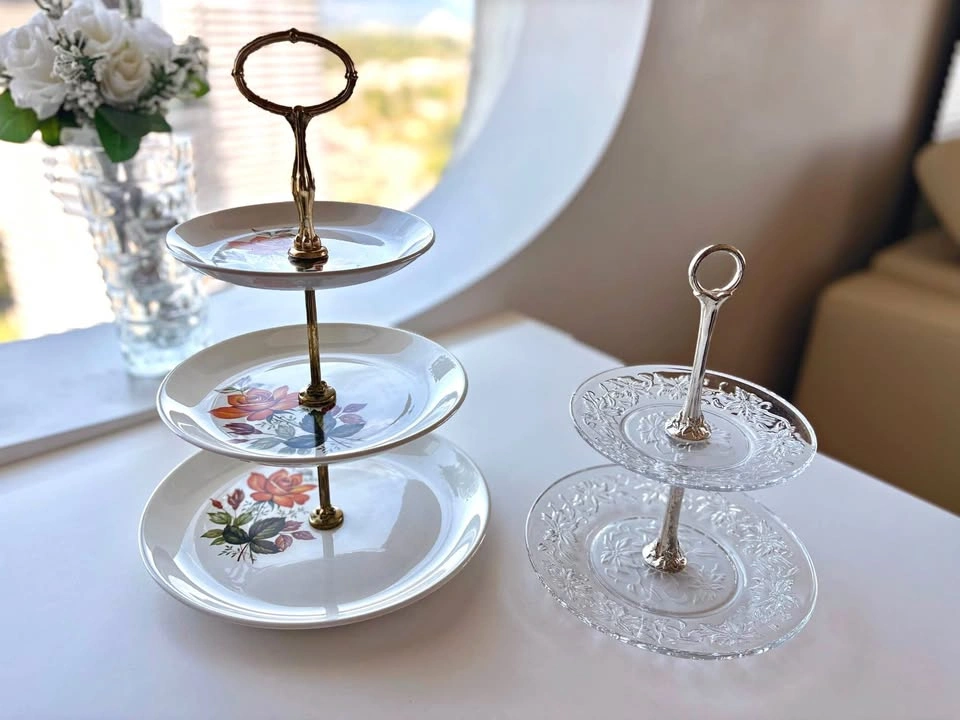2 Tiered Serving Stands - Ceramic Floral & Glass Etched