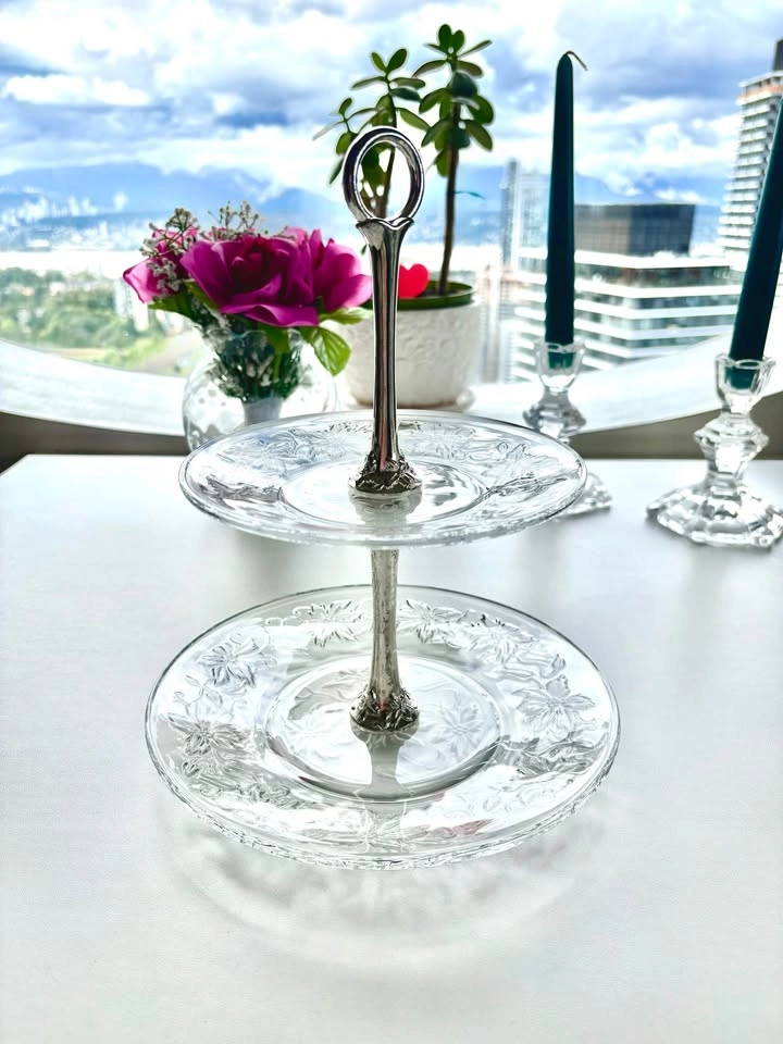 2 Tiered Serving Stands - Ceramic Floral & Glass Etched - photo 3