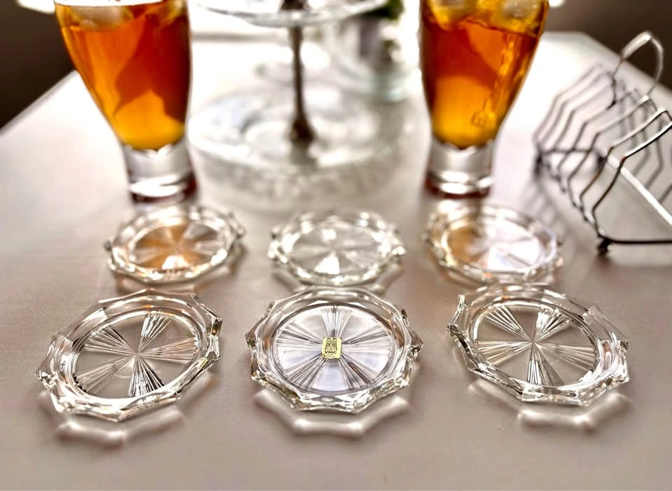 Vintage Clear Glass Coasters Set with Holder