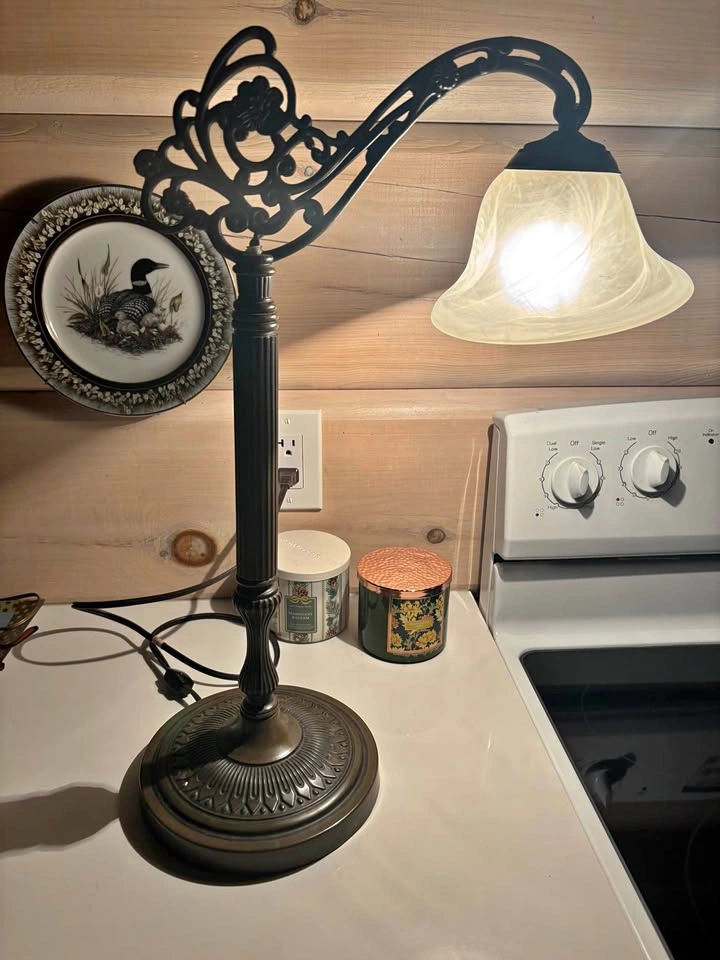 Vintage Art Deco Bridge Desk Lamp with Frosted Glass Shade