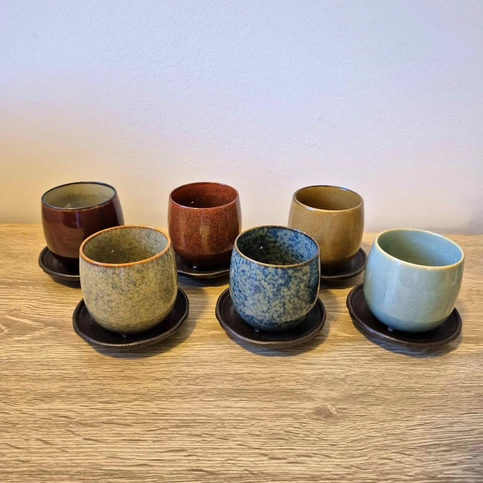 Set of 6 Ceramic Yunomi Tea Cups and Saucers