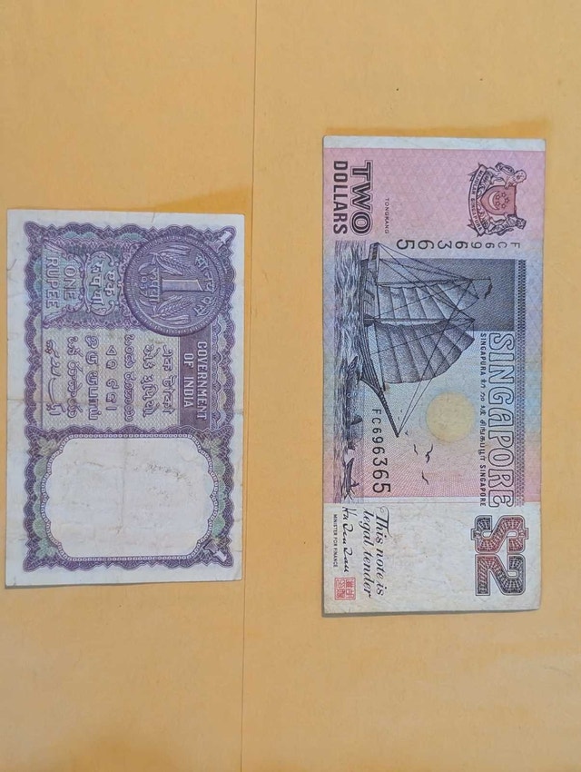 Singapore & India Banknote Pair, 1950s Vintage & Replaced