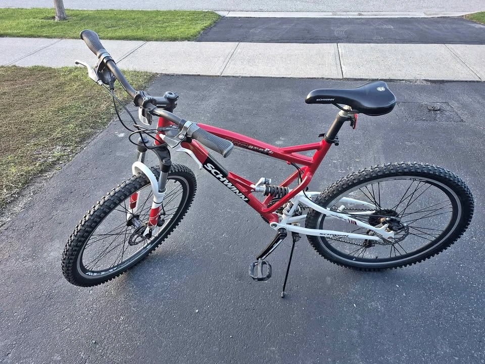 Schwinn Red White 19 inch Full Suspension Mountain Bike