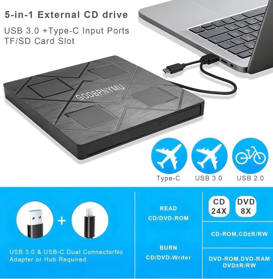 GODBPNYMU 5-in-1 External CD DVD Drive USB 3.0 Type-C - photo 2