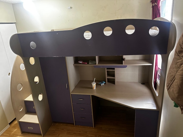 child twin loft bed with desk and storage