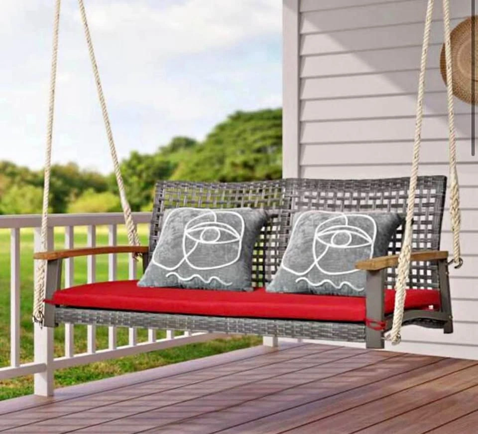 2-Person Wicker Hanging Porch Swing Chair with Cushion in Red
