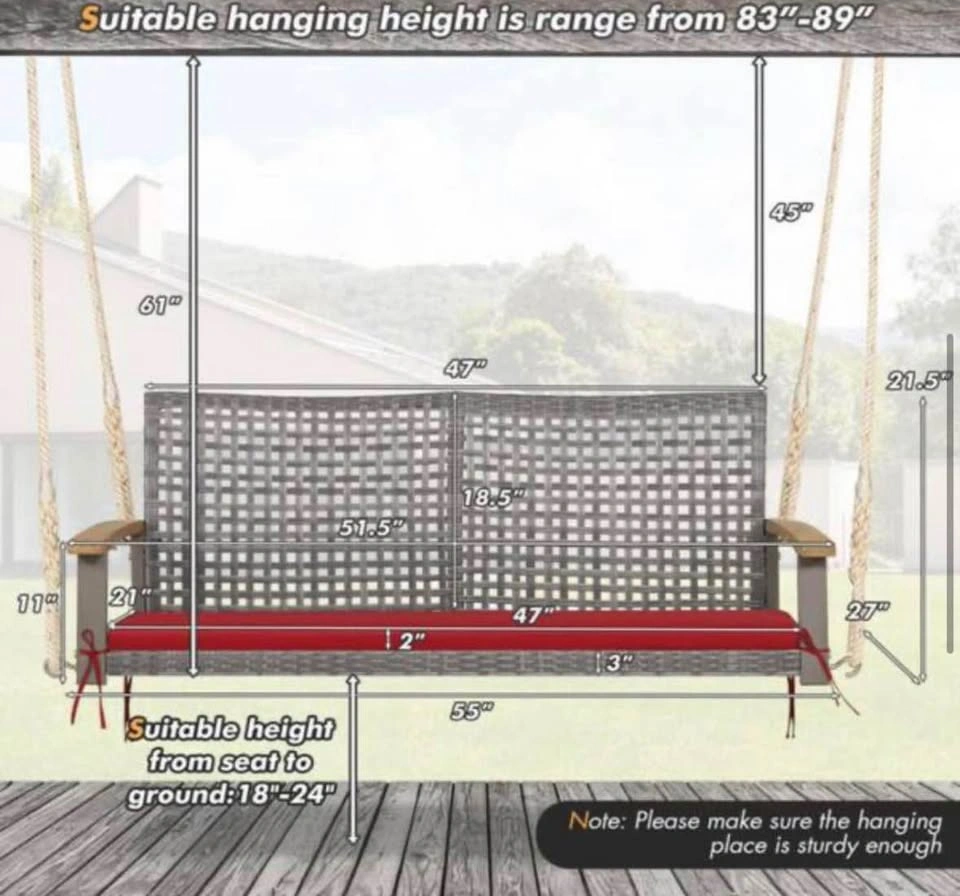 2-Person Wicker Hanging Porch Swing Chair with Cushion in Red - photo 4