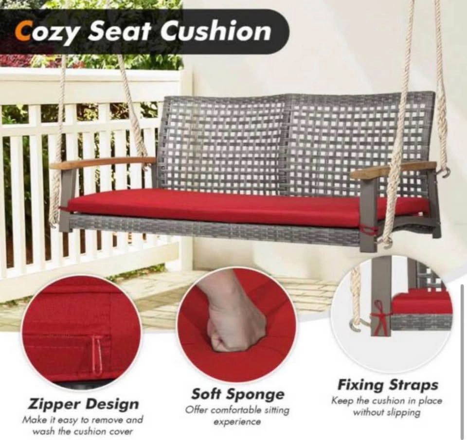 2-Person Wicker Hanging Porch Swing Chair with Cushion in Red - photo 5