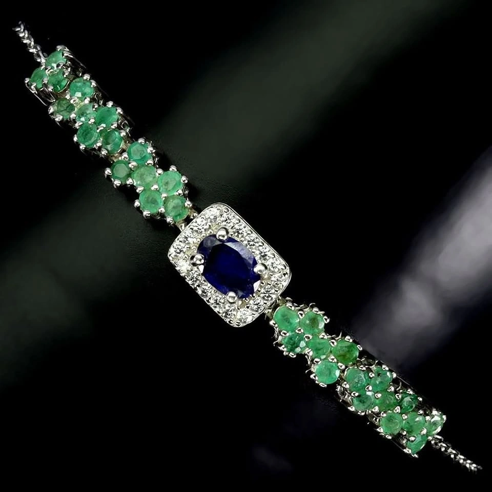 Emerald & Blue Sapphire Tennis Bracelet 14K Gold Plated - photo 2