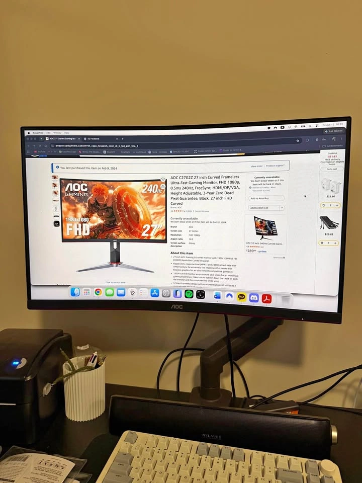 AOC 27” Curved 240Hz Gaming Monitor with Monitor Arm
