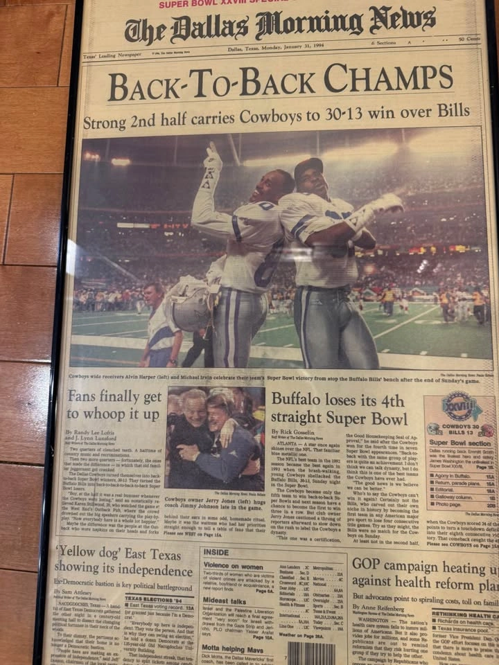 Framed Dallas Morning News Super Bowl XXVIII Cowboys Newspaper - photo 2