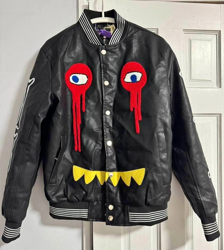 Hardsoda Skeleton Bones Varsity Jacket Black Faux Leather Unisex