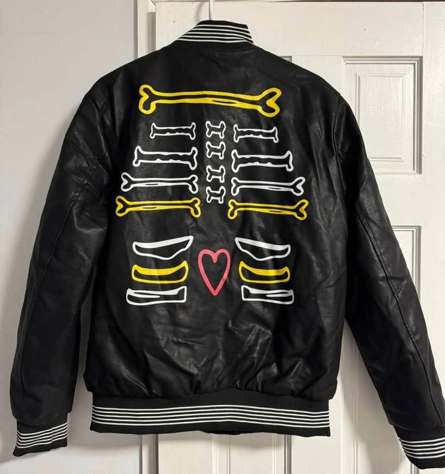 Hardsoda Skeleton Bones Varsity Jacket Black Faux Leather Unisex - photo 2