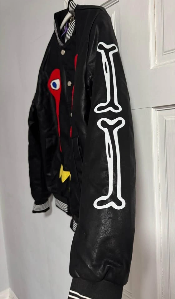 Hardsoda Skeleton Bones Varsity Jacket Black Faux Leather Unisex - photo 3