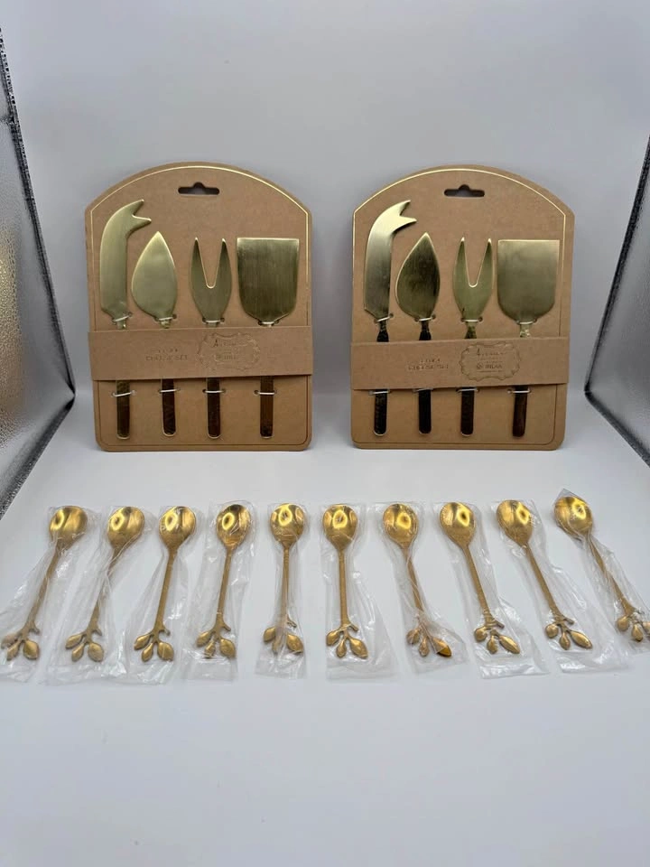 Gold Cheese Knife Sets and Leaf Spoons