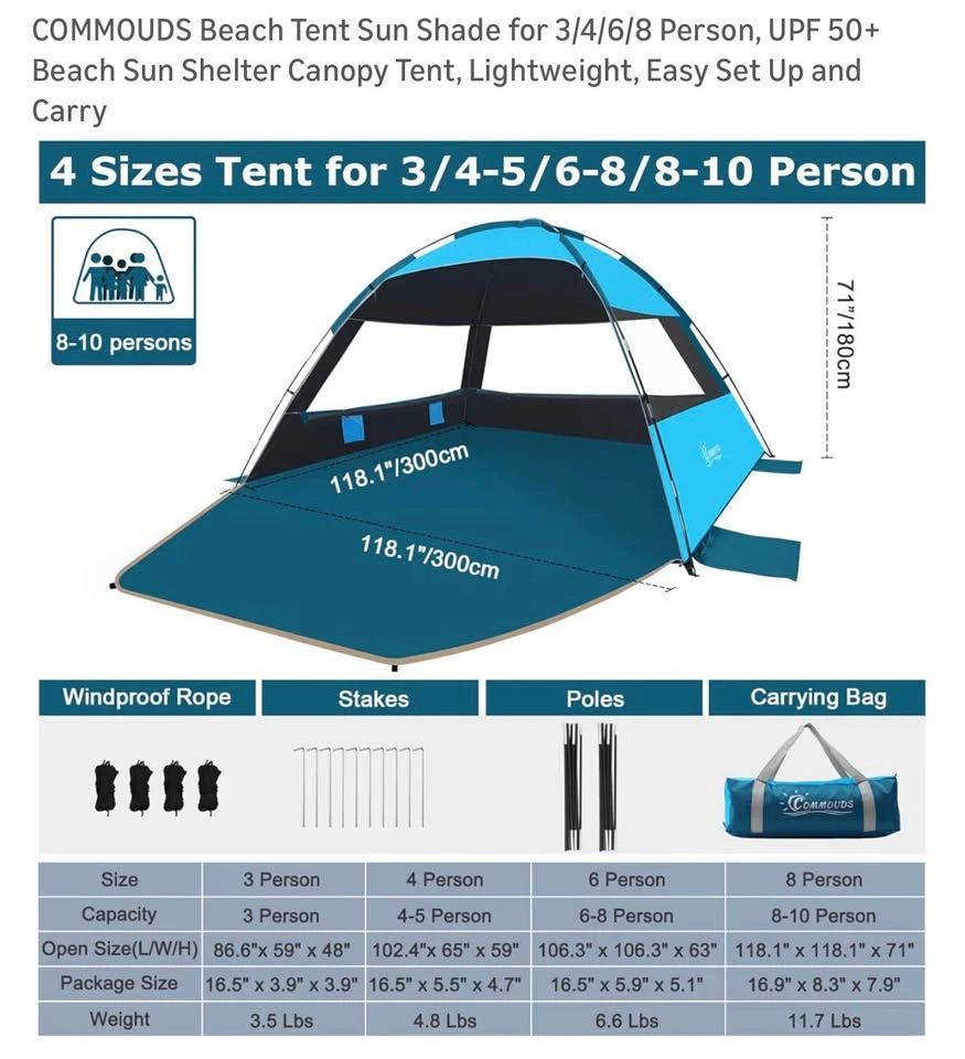 COMMOUDS Beach Tent Sun Shade 8-10 Person - photo 2