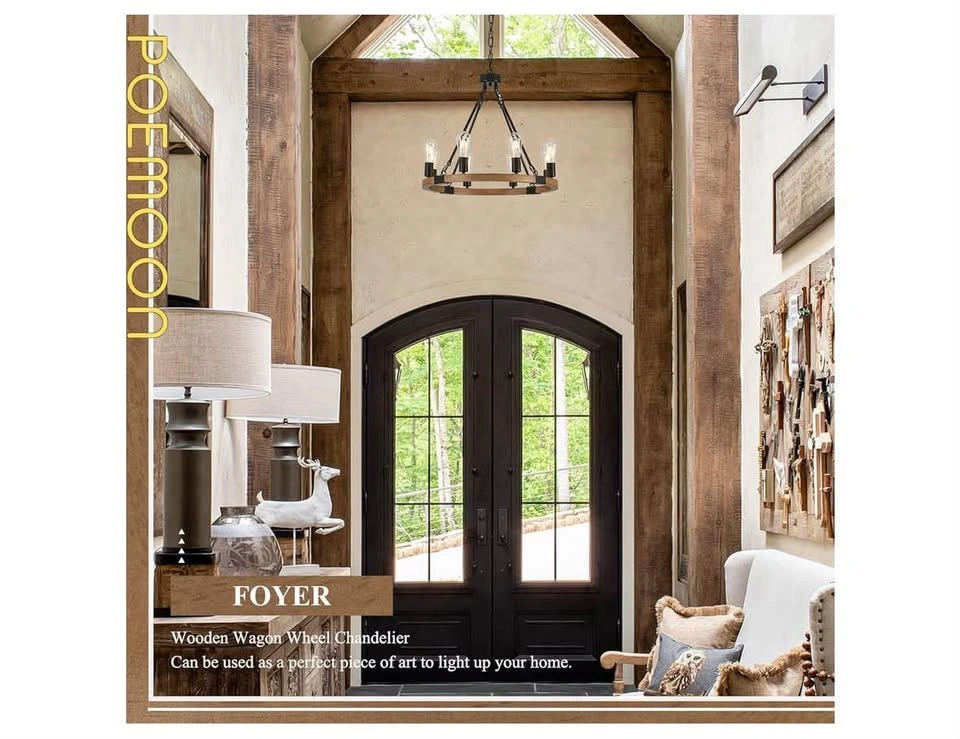 23.6" Farmhouse Wooden Wagon Wheel Chandelier 8-Light - photo 2
