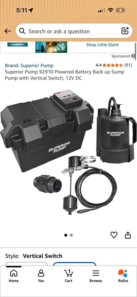 Superior Pump 92910 Powered Battery Back up Sump Pump
