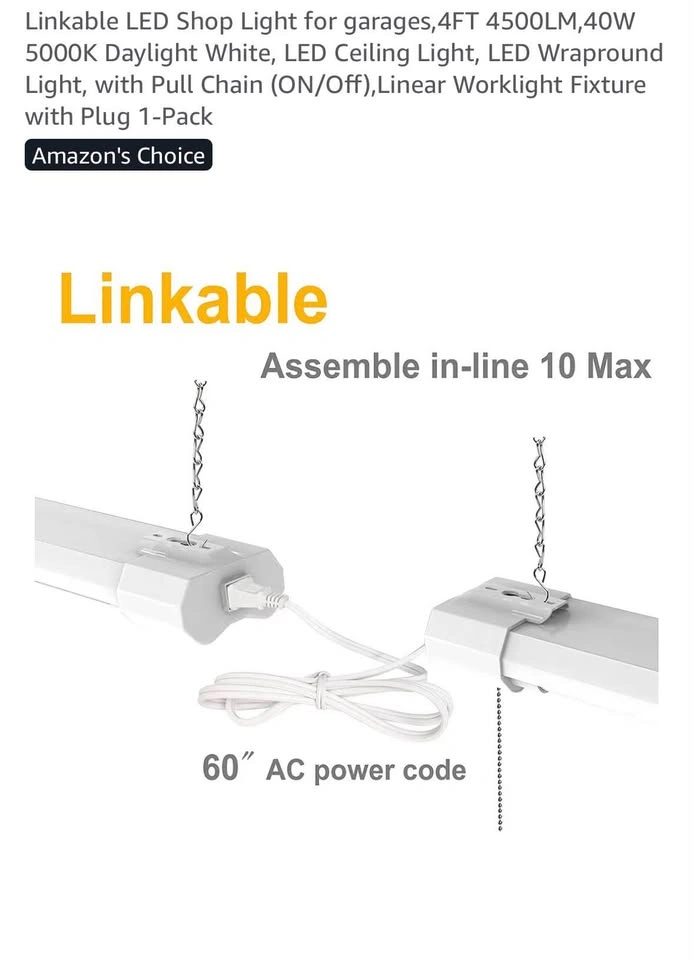 4FT Linkable LED Shop Light 4500LM 40W 5000K with Pull Chain - photo 2