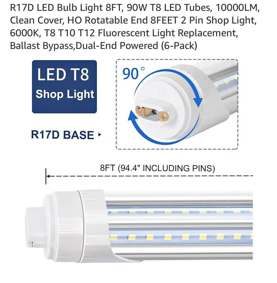 R17D LED T8 Tubes 8FT 90W 10000LM 6000K 6-Pack