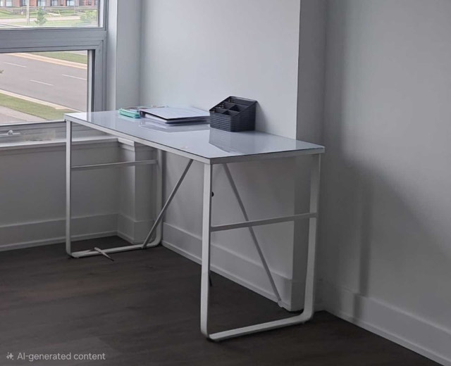 White glass top computer desk and ikea chair