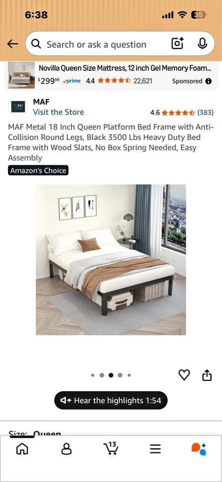 Queen 18 Inch Metal Platform Bed Frame and Mattress