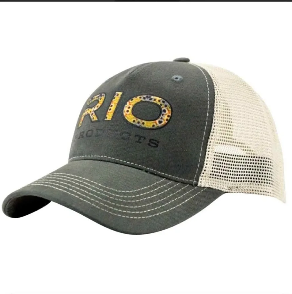 RIO Products Brown Trout Trucker Hat – Graphite Tan Mesh Snapbac