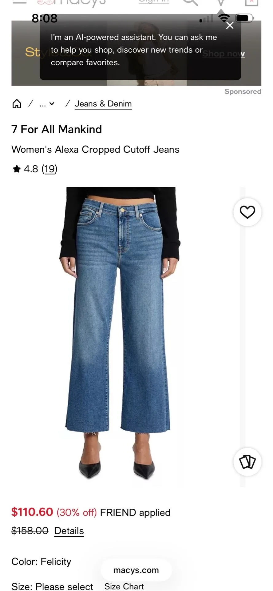 Size 27 New with Tags - 7 for All Mankind Cropped Alexa Jeans