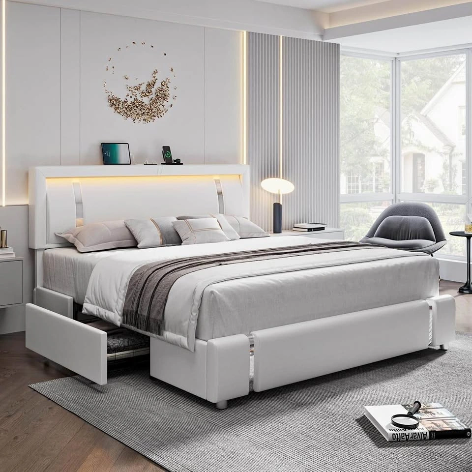 King Size Bed Frame with RGB LED Lights & 2 Storage Drawers