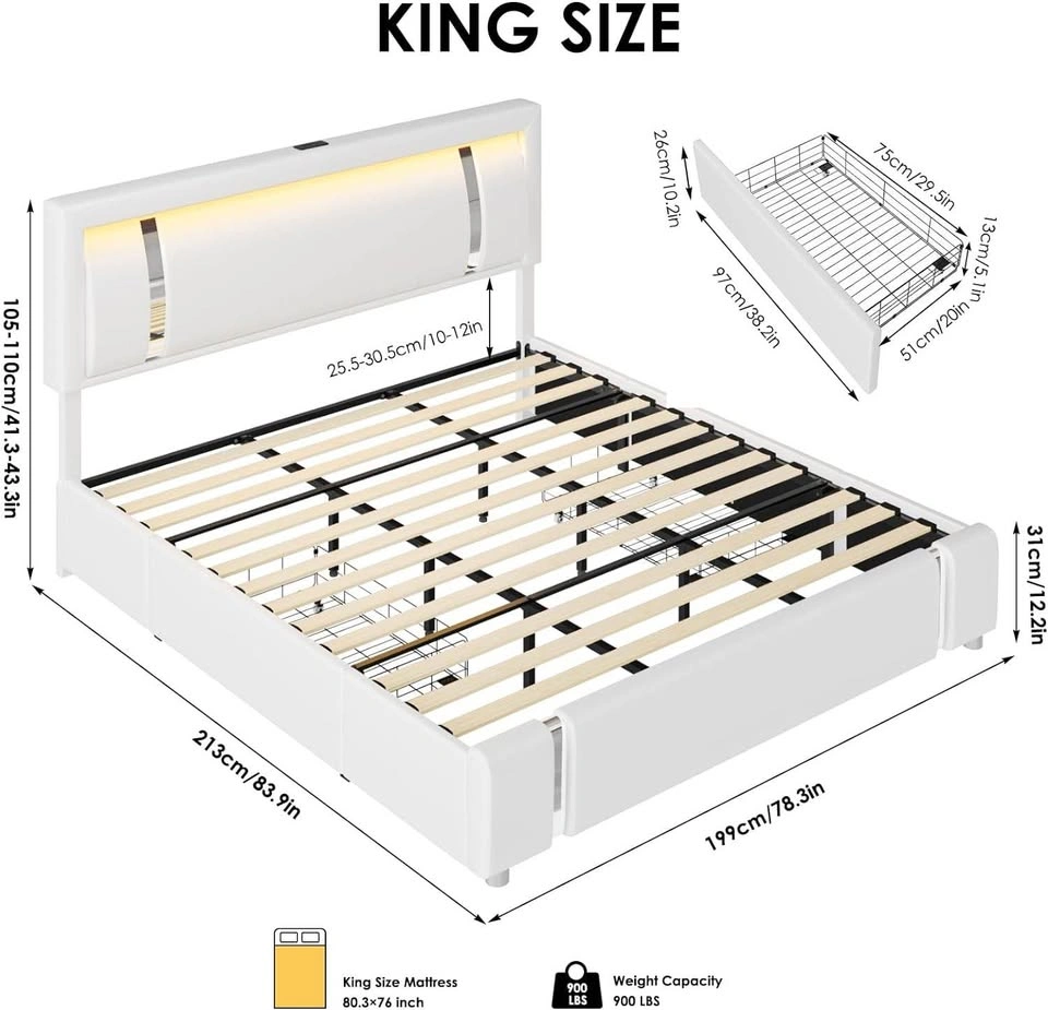 King Size Bed Frame with RGB LED Lights & 2 Storage Drawers - photo 2