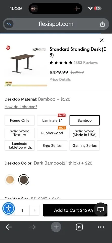 Flexispot Pro Standing Desk (E5) - Dark Bamboo frame (55x28) - photo 4