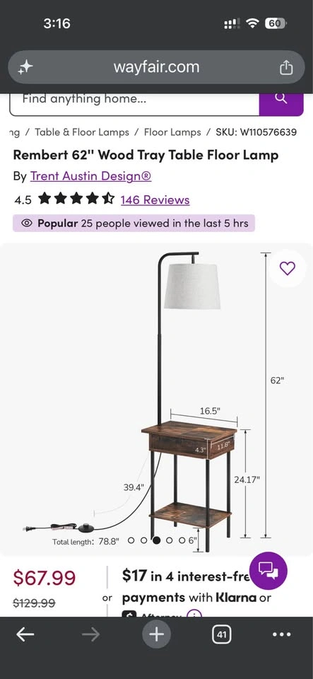 Rembert 62" Wood Tray Table Floor Lamp from Wayfair - photo 4