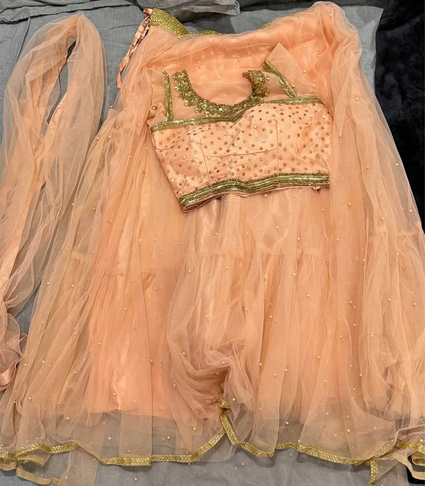 Peach Net Lehenga Choli with Gold Embroidery
