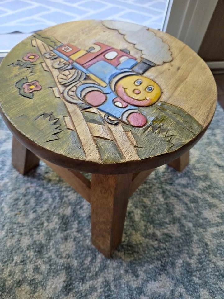 Hand-Carved Thomas the Train Wooden Stool – Rare Find!