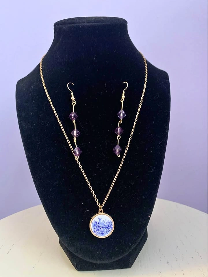 2-piece gold Necklace and Purple Bead Drop Earrings Set