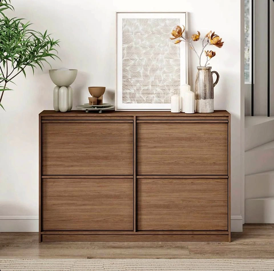 Walnut Flip-Down Shoe Cabinet – Holds 16 Pairs