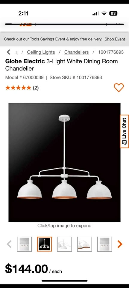 3 Light White Chandelier | BRAND NEW | Globe Aesthetic