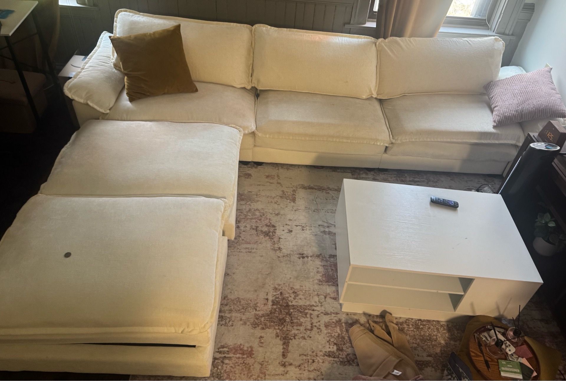 Cream colored 5 seater couch with 2 ottoman