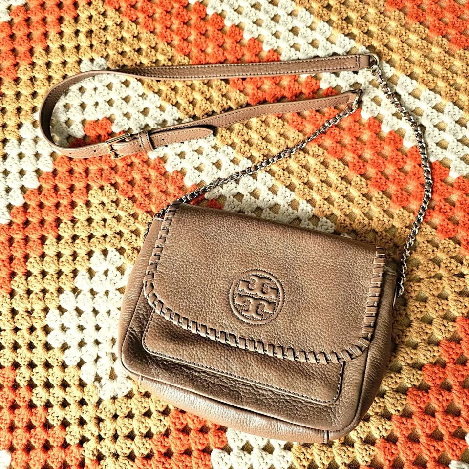 Tory Burch Marion Tan Whipstitch Leather Crossbody Bag