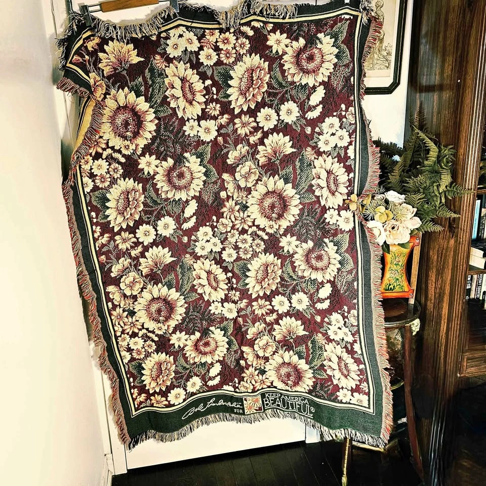 90s Sunflower Tapestry Woven Throw Blanket Floral Vintage